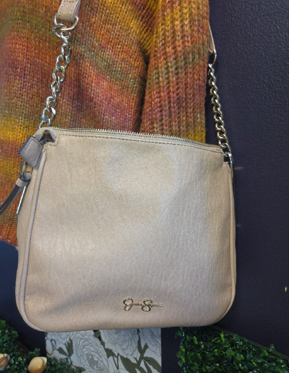 Jessica Simpson Taupe Crossbody Bag with Chain Strap - Leopard Interior